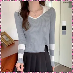 送料無料 ニットトップス Vネック スリット入り リブニット レディース 春秋冬 バイカラー プルオーバー 襟付きニット 着やせ ニットセーター 配色 重ね着 ニットソー ニットウェア 長袖 韓国ファッション トップス きれいめ
