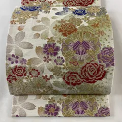 袋帯 美品 秀品 振袖向き 薔薇 桜 箔 金銀糸 クリーム 六通 正絹 【中古】