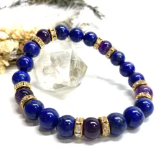 ラピスラズリ&アメジスト パワーストーン ブレスレット 天然石 （ゴールド）8mm レディース 女性  数珠ブレス 開運 プレゼント ギフト  [4]