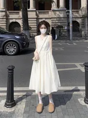 白ワンピース 夏 ロングワンピース レディース ノースリーブ ミモレ丈 タンクワンピース 袖なし フレアワンピース ワンピ 無地 クルーネック 可愛い ゆったり ビーチ カジュアル 体型カバー 大人 きれいめ ホワイト kaimier01
