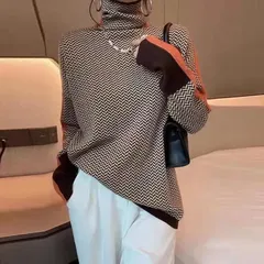 【ブラウン＆オレンジ色★Ｌサイズ】長袖ニットセーター　秋冬　大きいサイズ　大きめ　体型カバー　ゆったり　Aライン