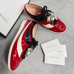 美品 GUCCI グッチ Bee ビー パール ビジュー パテントレザー スニーカー 39 レディース 25cm 蜂 ブランド靴 赤 白 紺 L43