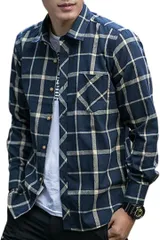 BENQUE(ベンケ) チェックシャツ 長袖 カジュアル チェック柄 ネルシャツ ロング トップス Yシャツ 柄シャツ カジュアルシャツ 襟付き(ネイビー/イエロー,  L)