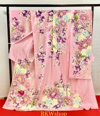 《大特価》　現品限り　振袖　未仕立て品　正絹　八掛付き　ピンク　ゴールドラメ　洋花　リメイク