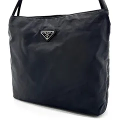 【良品】 PRADA プラダ トートバッグ ハンドバッグ  三角ロゴプレート シルバー金具 ロゴ型押し 総柄 白タグ テスートナイロン ブラック 黒色
