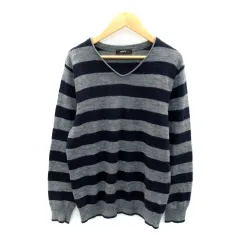 コムサイズム COMME CA ISM ニット カットソー 長袖 Vネック ボーダー柄 ウール混 M グレー 紺 ネイビー /SY5