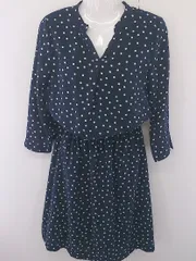 ◇ STUDIOUS ステュディオス ドット 水玉 七分袖 膝下丈 ワンピース サイズ0 ネイビー ホワイト レディース  【中古】 【1203290004003】