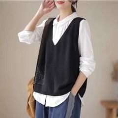 ニットソー ニットベスト vネック レディース 重ね着 ノースリーブ 刺? ベスト カジュアル 女性 おしゃれ 上品 ニット シンプル huanyi24
