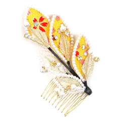 髪飾り コーム型 ラインストーン パール 黄色 ゴールド 白 キラキラ ラメ リーフ 葉 ちりめん 和柄 小さい かんざし かわいい No.9-3400