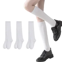 22.0-24.5 cm_ホワイト3足 [Senteria] ハイソックス レディース 綿 ホワイト 靴下 無地 通気性 22-24.5cm ひざ下 スクールソックス 保温 防寒 四季適用 通勤 通学 旅行 cosplayや制服用 3足セット