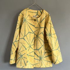 着物リメイク 紬 ノーカラー ジャケット 黄色 幾何学模様 抽象柄 麻の葉 | Japanese Kimono Remake No-collar Jacket Yellow Geometric pattern Tsumugi #2406-006