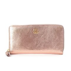 グッチ リザードレザー GGマーモント ラウンドジップ 長財布 ロングウォレット ピンク【中古】