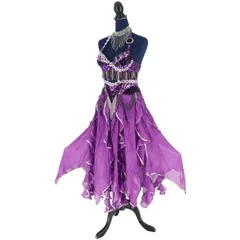 【ベリーダンス用 オリエンタル衣装】パープル Qiaoshi スパンコールラメ ビーズ 紫 シルバー フリル 華やか レース 綺麗 ブラトップ ベルト スカート アクセサリーセット 鮮やか 豪華 花柄