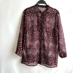 レトロ　長袖　ブラウス　薄手　紫　パープル　ヴィンテージ　総柄　古着　襟付き