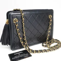 CHANEL チェーンバッグ 黒 マトラッセ フリンジ ショルダーバッグ ヴィンテージ 1番台 カード付 シャネル ◆送料込◆質屋-7688
