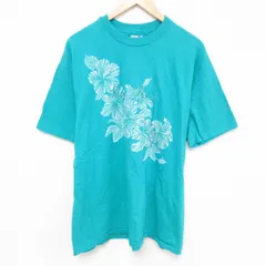 XL/古着 ヘインズ 半袖 ビンテージ Tシャツ メンズ 90s 花柄 コットン クルーネック 青緑 25jun21 中古