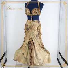 ベリーダンス オリエンタル 衣装 上下セット 茶色 L ラインストーン ビーズ ラメ ブラウン系 ベージュ系 ゴールド系 発表会 舞台 イベント 豪華装飾 美しい ダンスパフォーマンス レディース コスチューム エレガント おしゃれ