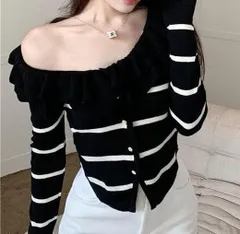 ボーダー フリル袖 ニットカーディガン トップス 長袖 ブラック ホワイト おしゃれ 可愛い 上品 大人カジュアル きれいめ ショート丈 フリーサイズ レディース 春 秋 冬 通勤 デート 旅行 韓国風 ゆったり 細見え 体型カバー コーデ万能 新品
