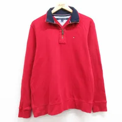 M/古着 トミーヒルフィガー 長袖 ブランド ハーフジップ セーター メンズ ワンポイントロゴ コットン 赤 レッド 25mar01 中古 ニット トッ