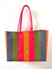メキシコ製メルカドバッグＬサイズロングハンドル／カラフルストライプダイヤ