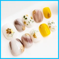 【新着商品】ベリーショート ラウンド 白 マーブル ネイルチップ 人気 ニュアンス デザイン 手作り おしゃれ 可愛い 収納ボックス付き Nails 10枚 (#05 菜の花・白 Sun&Beam ・ XS)