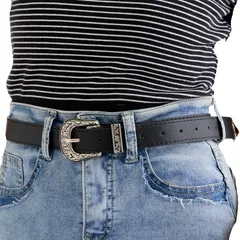 [ドナリー] ヴィンテージ ベルト レディース 細身 105cm PUレザー 彫刻バックル 小柄 細身体型向け ウエスタン 合金バックル おしゃれ 古着 レトロ 韓国風 コーデ用 (ブラック) [ブラック]