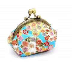 ブルー Moeruruya 財布 がま口 コインケース 丸形 小銭入れ 可愛い レディース バッグ 小さい 手作り 和風袋 (ブルー)