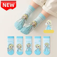 ✨新品✨ アナと雪の女王 エルサ キッズソックス 5足セット 子供靴下 女の子 可愛い キャラクター プリンセス コットン素材 ディズニー 滑り止め付き クルーソックス 14-16cm 16-18cm ブルー 誕生日プレゼント