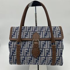 FENDI（フェンディ）ハンドバッグ リンダバッグ ズッカ柄 ネイビー 茶 キャンバス レザー レディース【中古】