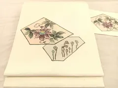平和屋着物◎九寸名古屋帯　手描き　紬地　草花文　鈴乃屋扱い　正絹　逸品　BAAV1654hv