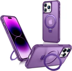 360スタンド iPhone 14 Pro ケース MagSafe対応 マグネット搭載 半透明 アイフォン14プロ スマホカバー 隠しリンク付き 360°回転スタンド ストラップホール付き カメラ保護 カバー 耐衝撃 軽量 薄型 おしゃれ パープ