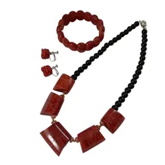 赤珊瑚ネックレス&イヤリング&ブレスレッド 赤 黒  バラ レディース