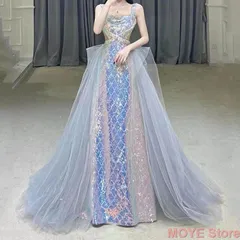 イブニングドレス ノースリーブ ノースリーブ ロングドレス 七色  鱗模様 スパンコール キラキラ キレイめ 発表会ドレス フィッシュテール 演奏会ドレス パーティードレス 結婚式 1064