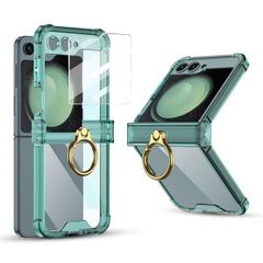 green1_Galaxy Z Flip5 Jusy Galaxy Z Flip5 ケース カバー クリア ヒンジ保護 リング付き ハード保護カバーシリコン 純正 ストラップホール付き ギャラクシー Z Flip5 / SC-54D / SCG23 一体型ガラ