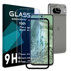 対応 Google Pixel 8A ガラスフィルム ルーライトカット【2+2枚セット- 国産旭硝子素材 】pixel8a フィルム ルーライト(2枚) + レンズ保護フィルム (2枚) ガイド枠付き 強化ガラス ピクセル8a 液晶 保護フィルム 超薄 硬