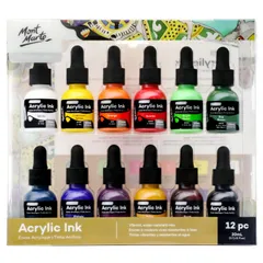 新品 Mont Marte アクリルインク12本x 20 ml 芸術家用 基本色、細かいディテールと水洗した色に使用され、エアブラシ、流れ塗装、スクラップ画、水墨画、混合媒体に非常に適しているのサムネイル