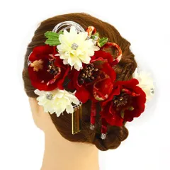 髪飾り 成人式 水引 赤 振袖 前撮り 袴 花 浴衣 夏祭り 花火大会 2点セット 白 ちりめん 和柄 ビラ簪 ラインストーン レトロ No.9-3974