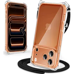 【新品】 iPhone 17 Pro Max 用 ケース クリア ショルダー アイフォン17 Pro Max 用カバー 肩掛け 斜めかけ 縄掛けケース 透明 スマホケース 耐衝撃 TPU 薄型 軽量 携帯ケース 紐付き 斜めがけ 織りストラップ付き ネック 0