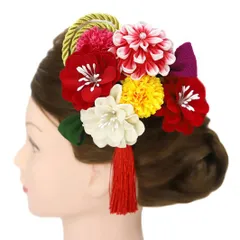 髪飾り 成人式 つまみ細工 赤 振袖 前撮り 袴 花 2点セット 白 黄色 ピンク ゴールド 紫 緑 ちりめん 組紐 房 房付き パール No.12-0040