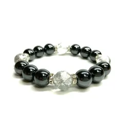 12mm 四神獣銀彫水晶×ヘマタイト パワーストーン ブレスレット天然石 運気上昇 開運 健康運 厄払い お守り 青龍 白虎 玄武 朱雀 （シルバー）メンズ・レディース 男性・女性 数珠ブレス 開運  ■