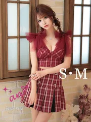 レッド【an /アン】チェック柄/ ショルダーリボン/ チュール/ Aライン/ セットアップ/ ミニドレス/ キャバドレス[OF05] [AOC3412-R-2304]