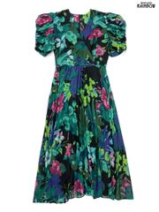 古着 アメリカ製 TALONジップ 花柄 シフォン ロング丈 半袖 ワンピース 黒 緑 (otu2506082)