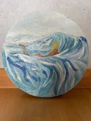 HAWAI  油絵    サーフィン海　夏　波荒れ狂う波女性のサムネイル