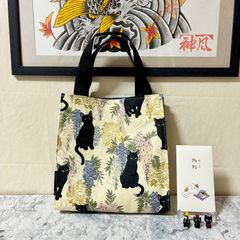 お手軽猫柄ミニトートバッグ 黒猫と藤の花 生成&ネイビー ハンドメイド 手さげ