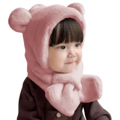 帽子 マフラー キッズ くま耳 ベビー キャップ 2in1 ネックウォーマー フード 防寒 耳保護付き 着脱簡単 もこもこ (JP, アルファベット, Free Size, ピンク) [ピンク] [Free Size]