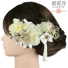 髪飾り 成人式 振袖 2点セット つまみ細工 菱つまみ 白 クリーム色 緑 ゴールド ラメ さがり 組紐 房 かすみそう 造花 ラインス No.9-5401