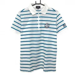 【美品】パーリーゲイツ 半袖ポロシャツ 白×ブルーグリーン ボーダー ハーフジップ メンズ 6(XL) ゴルフウェア PEARLY GATES