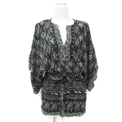 ビーシービージーマックスアズリア BCBGMAXAZRIA ワンピース 薄手 ミニ丈 七分袖 ドルマンスリーブ スリットネック 切替 リボン付き 総柄 マルチカラー XXS 黒 白 ブラック ホワイト /FF12のサムネイル
