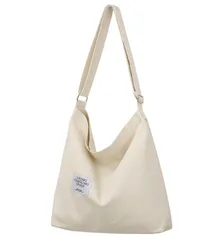 ショルダーバッグ 《ホワイト》キャンバス  トートバッグ キャンバスバッグ 肩掛け 斜め掛け ファスナー ジッパー付き シンプル 大容量[ゆうパケット発送、送料無料]mer001
