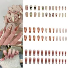 ライトブラウン NIUANIUA ネイルチップ ロング 花嫁ネイル 光沢 つけ爪 両面テープ ネイルチップ 人気 和風 かわいい シンプル 付け爪 チップ 24サイズ 72枚入 ネイル チップ ライトブラウン